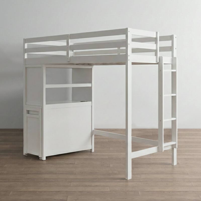 Furniture of America Elyra Modern Twin White Solid Pinewood Loft Bed with 3-Drawer Cabinet