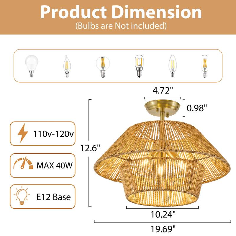 Starsky 3-Light 19.7in Rattan Handwoven Semi-flush Mount