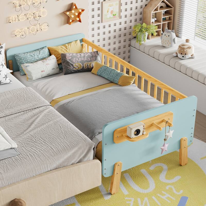 Kids Wood Platform Bed with Guardrails, Bottle Holder and 2 Hanging Rod, Convertible Toddler Daybed, Low Profile Design Frame - Blue - Twin