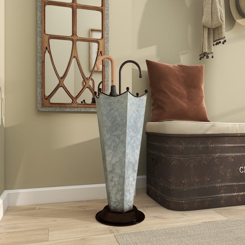 Gray Metal Galvanized Umbrella Stand with Copper Base and Handle