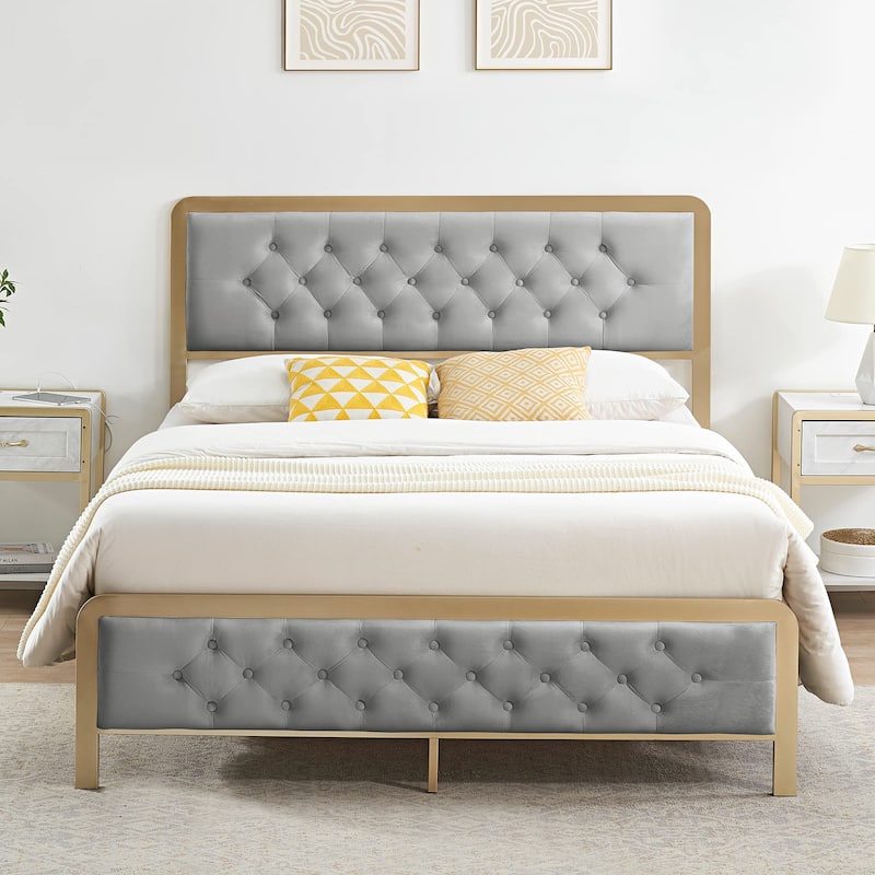 Upholstered Platform Bed Frame with Velvet Button-Tufted Headboard - Full