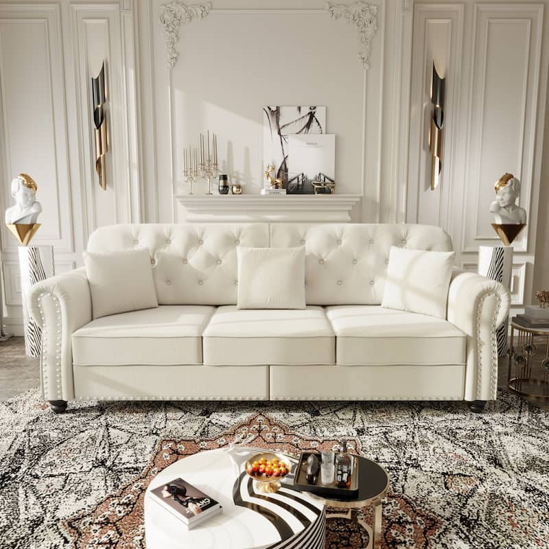 Mid-Century Modern Chesterfield Sofa with Button Tufted - Beige+White