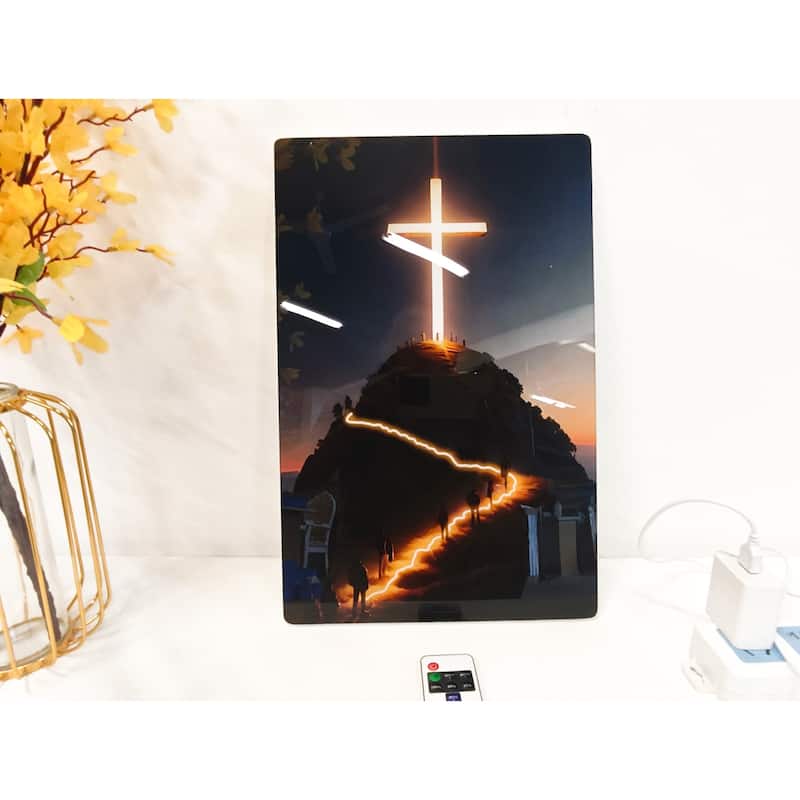 Christian Cross LED Wall Art - Acrylic UV Printed Light Up Religious Picture with Remote Control