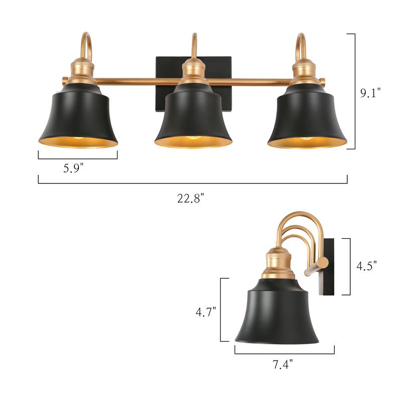 Modern Black Metal 3-light Bathroom Vanity Lights Wall Lamp LED for Powder Room - L22.8" x W7.4" x H9.1"