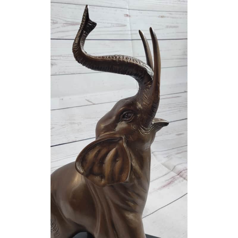 Trumpeting Happy Elephant Bronze Statue Sculpture Marble Base 16 Inches X 10 Inches