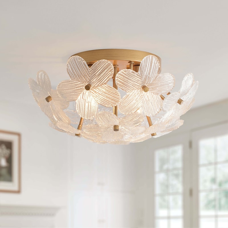 Frieda Modern 3-Light 16" Brushed Brass Clear Glass Flower Flush Mount - 16 inches in diameter x 7.5 inches H