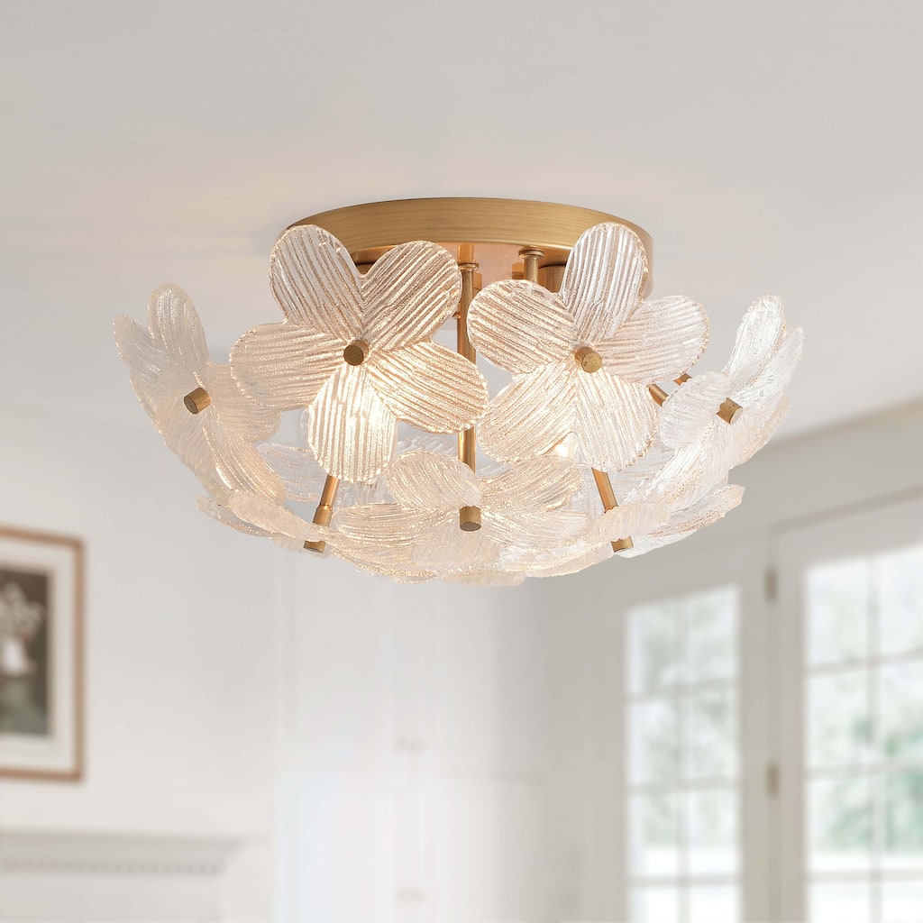 Frieda Modern 3-Light 16" Brushed Brass Clear Glass Flower Flush Mount - 16 inches in diameter x 7.5 inches H
