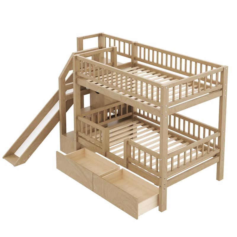 Twin Over Twin Bunk Bed with Storage Staircase, Slide and 2 Drawers