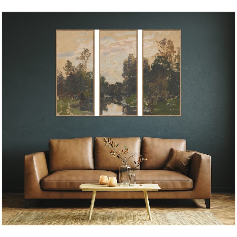 Kate and Laurel Landscape by the River Barycz Adolf Dressier 3 Piece Framed Canvas Wall Art Set by Nostalgia Prints