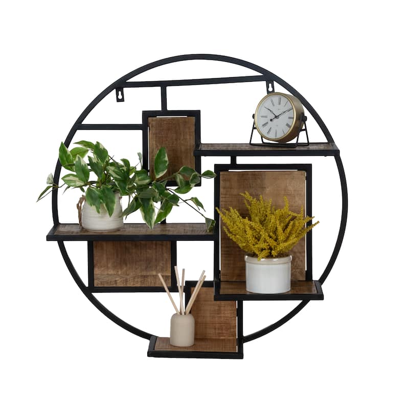 30" Round Floating Wall Shelf in Mango Wood and Metal Frame