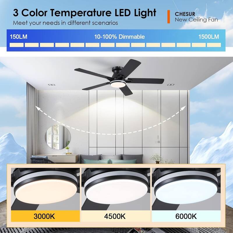 52 Inch RGB Ceiling Fan with LED Light,RGB Circle Light Around - 52 Inches