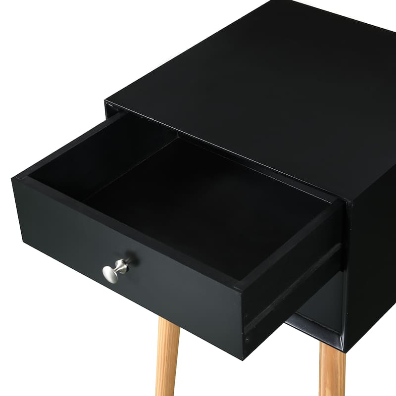 Nightstand with Double Drawers and Rubber Wood Legs, Mid-Century Modern Design