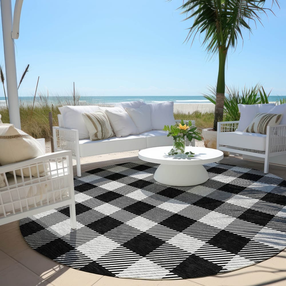 Machine Washable Indoor/ Outdoor Chantille Plaid Stripe Rug