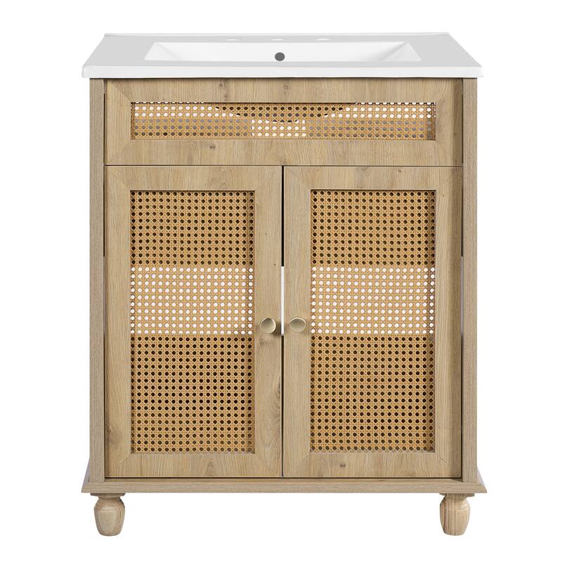 Bathroom Vanity with Sink, Freestanding Bathroom Sink Vanity, Bathroom Cabinet with Rattan-Handwoven Doors & Drawers