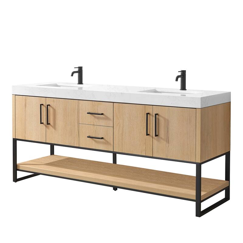 Kolkata Bathroom Vanity in Weathered Oak without Mirror - 72" - Matte Black Hardware
