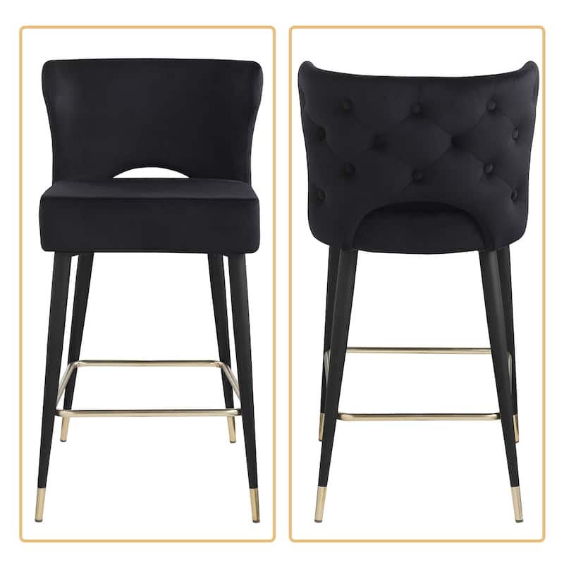 Mid-Century Modern Velvet Upholstered Barstools with Black Metal Legs
