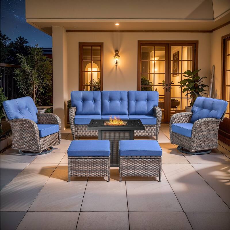 Pocassy Outdoor 30 In Fire Table with Sofa Patio Swivel Chair Set - Brown Wicker Blue Cushion - 8-Piece Sofa Swivel Chair Ottoman with Fire Table