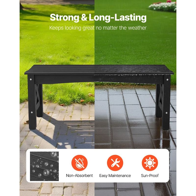 Black Plastic Backless Garden Bench with Cross-Leg Design for Comfortable 2-Person Seating - 44.5” x 15.7” x 17.1”