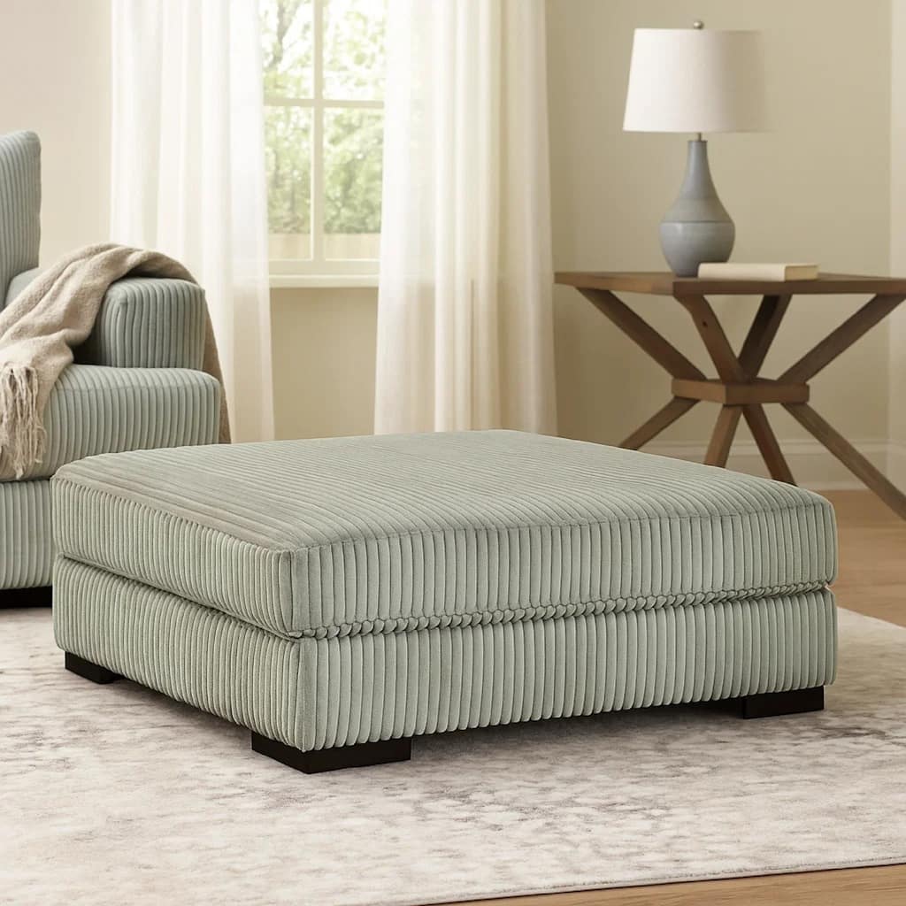 Lindy Accent Ottoman, Square 51 Inch Modern Style Light Gray Polyester