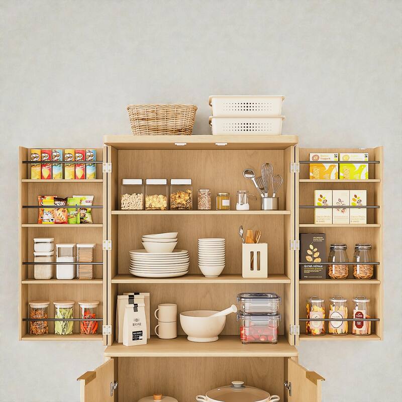 72" Tall Modern Fluted Wood Kitchen Pantry Cabinet with Doors, 6 Shelves & Door Storage for Kitchen or Dining Room