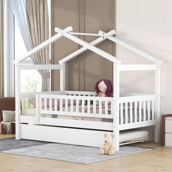 slide 2 of 40, Twin Size House Bed with Trundle, Wooden Playhouse Kids Bed Frame with Roof and Fence, Montessori Style Bed White