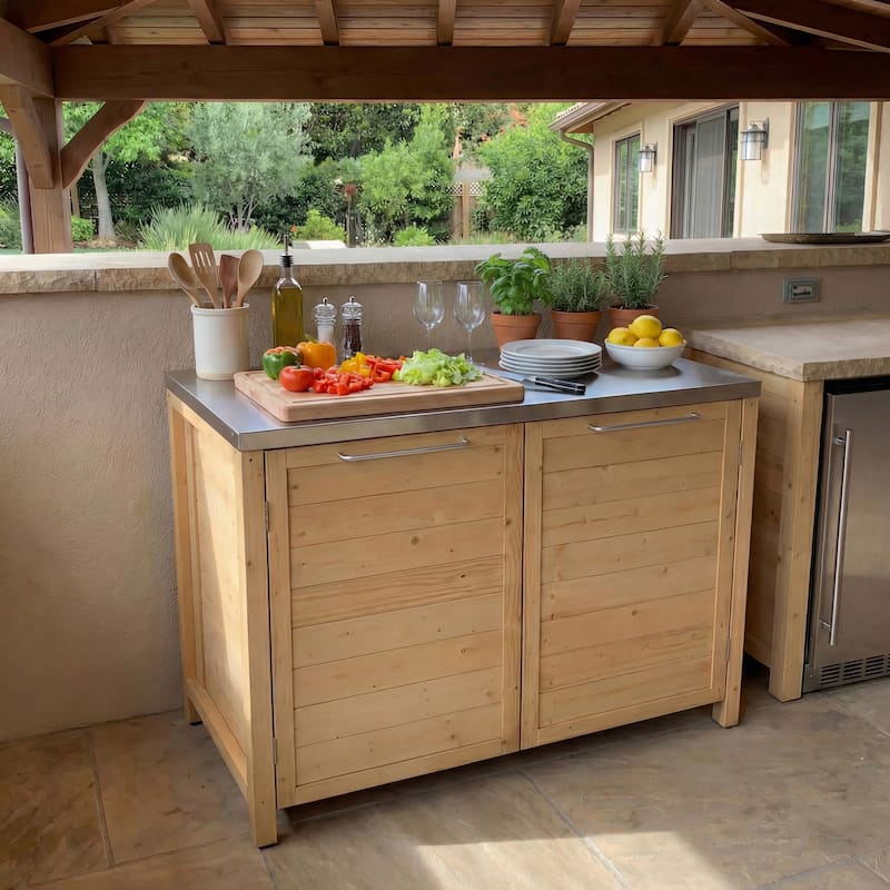 Modular Outdoor Kitchen Island Set, 100% Solid Wood BBQ Cabinet , Patio Kitchen Bar Table