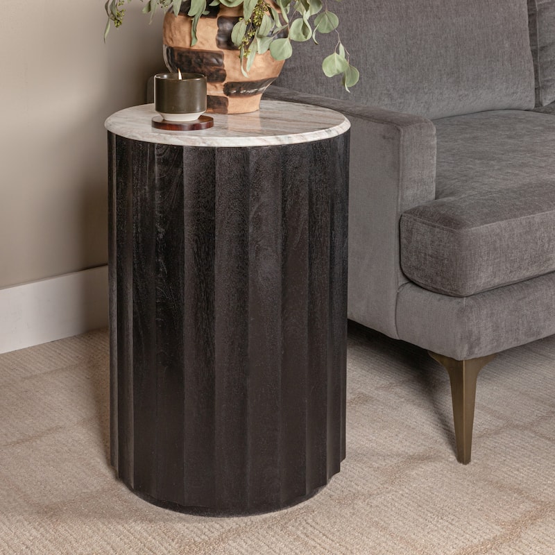 Luca Mango Wood Fluted End Table with Marble Top