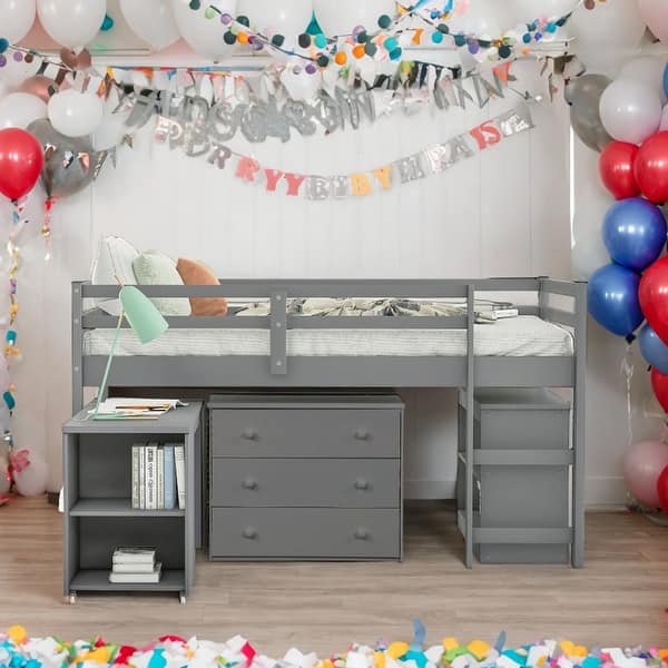 slide 2 of 19, Modern Twin Size Loft Bed With Cabinet,Shelves And Rolling Portable Desk Grey