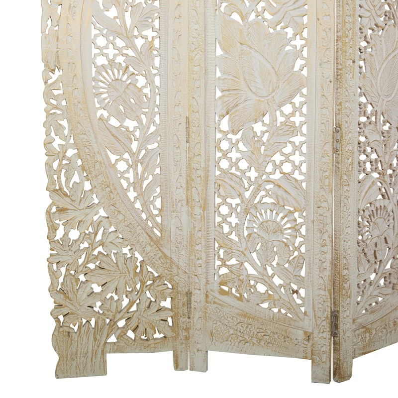 Wood Floral Handmade Foldable Arched 4 Panel Room Divider Screen with Intricately Carved Designs - White - Roche River Decor