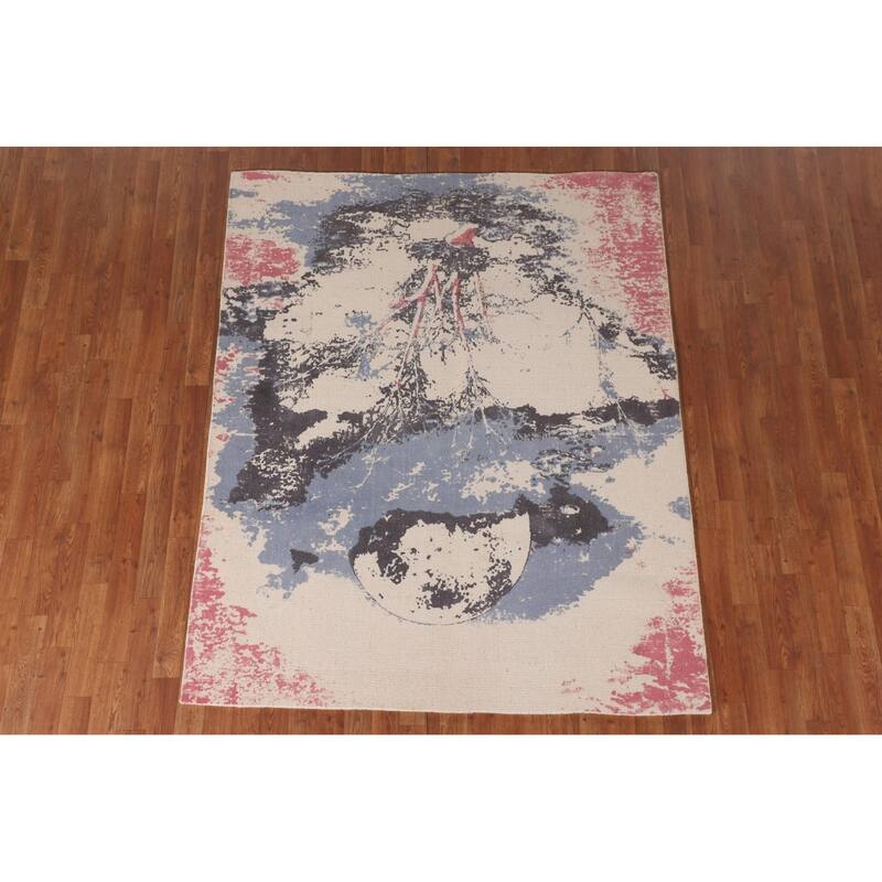 Nature Print Ivory Abstract Modern Area Rug Handmade Wool Carpet - 5'3" x 6'7"