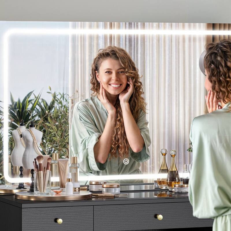 Moasis 9-Drawer Makeup Vanity Set with Stool and Mirror, Glass Top Vanity Desk with LED Lights