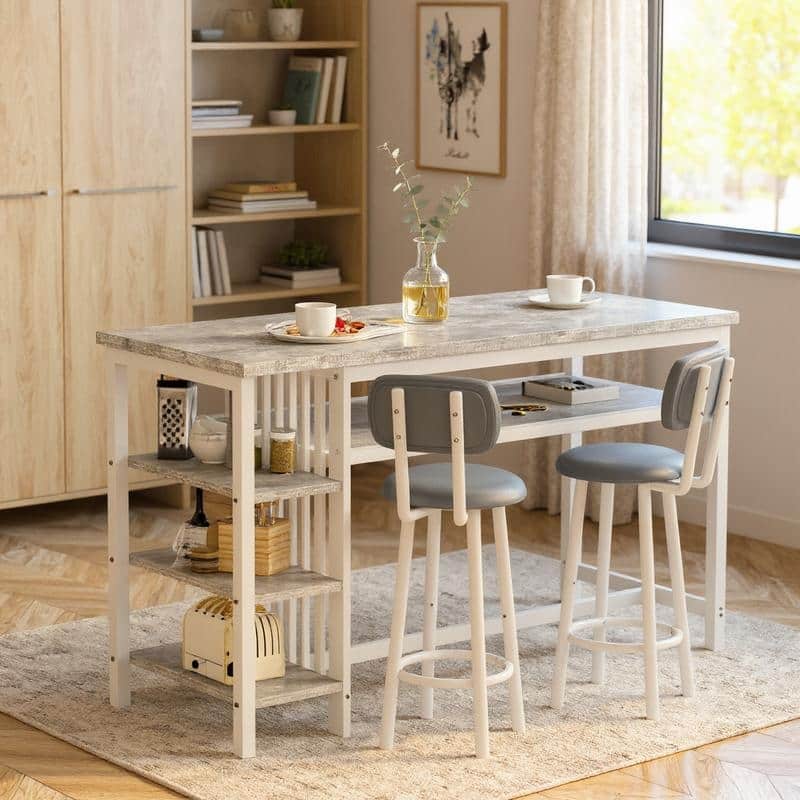 3-Piece Dining Room Table Set with 2 Upholstered Bar Stools, Modern Farmhouse Bar Table Set for 2 with Multiple Tier Shelves