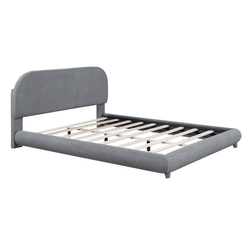 Queen Size Curve-shaped Teddy Fleece Upholstered Platform Bed Thick Fabric Low Profile Bed Solid Wood Frame, Gray