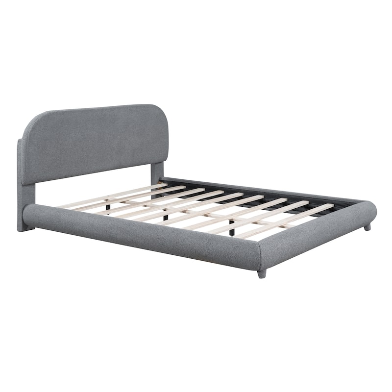 Teddy Fleece Queen Size Upholstered Platform Bed with Thick Fabric, Solid Frame and Stylish Curve-shaped Design, Gray