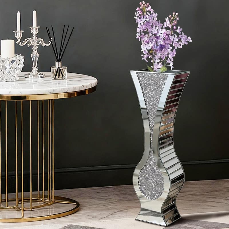27" Tall Silver Mirrored Floor Vase Glam Crushed Diamond Vases