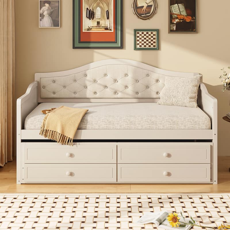 Twin Daybed with Trundle, Twin Size Daybed with 2 Storage Drawers, Wooden Sofa Bed with Upholstered Button Tufted Backrest