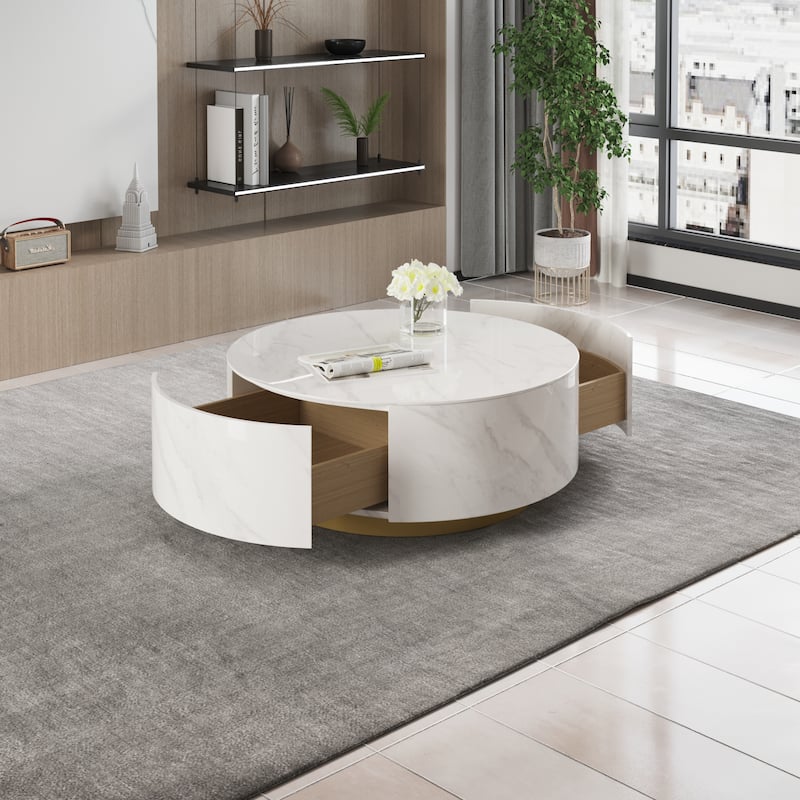 Modern Round Coffee Table, White Sintered Stone Tabletop with 2 Drawers - White