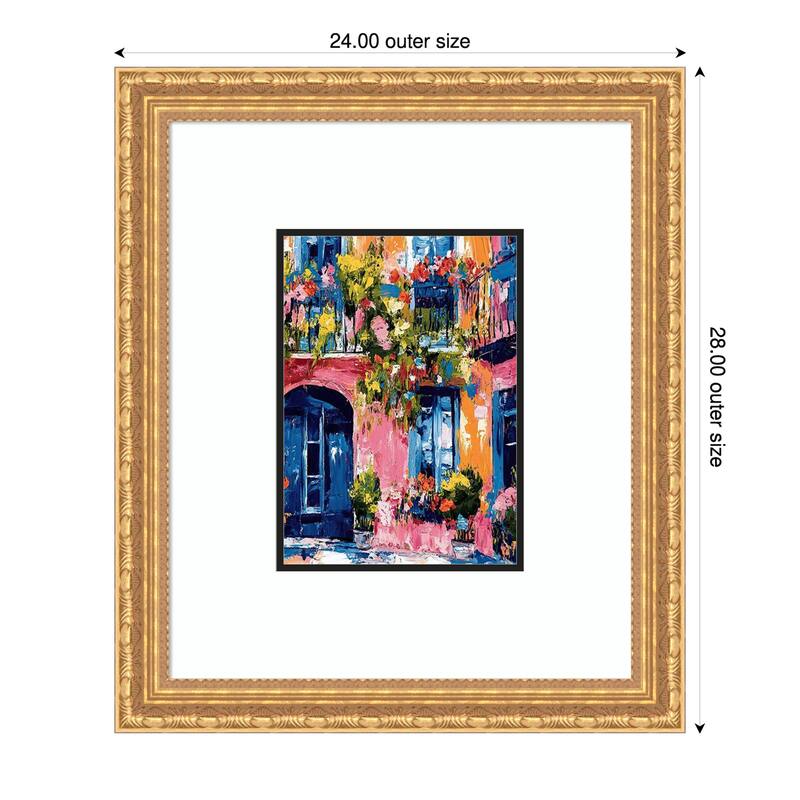 Pink Orange House Blue Door Flowers Impressionist Wood Framed Wall Art Print - Gold - 24 x 28 in
