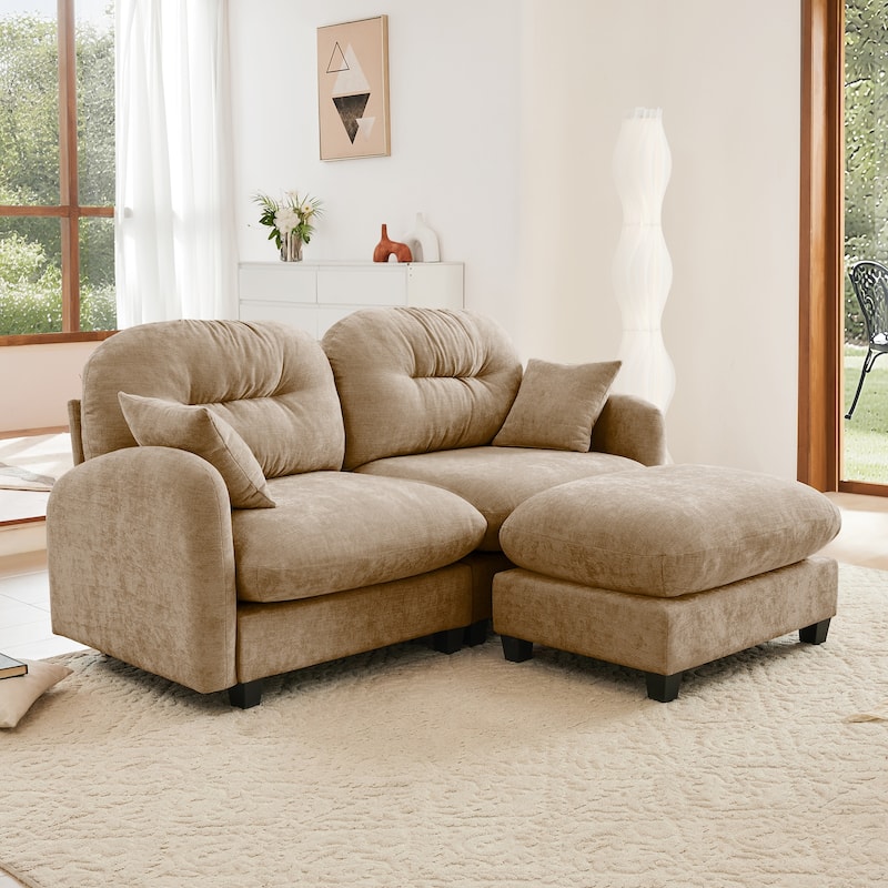 2 Seat Chenille Sofa Round Arms Sectional Sofa, Modern 74" Tufted Back Couch with Ottoman for Lving Room, Small Space