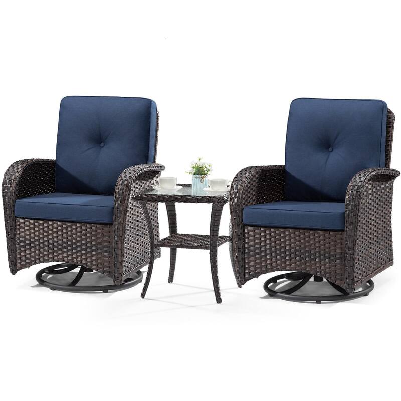 Cozywor 3-Piece Wicker Patio Swivel Outdoor Rocking Chair Conversation Set