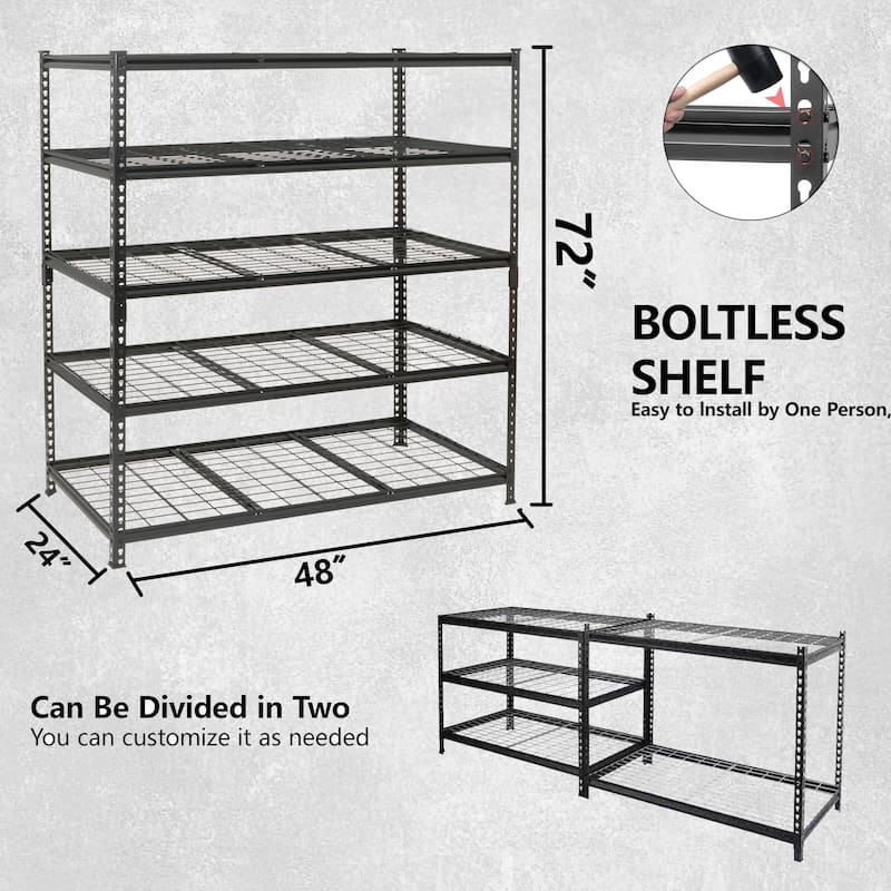 5-Tier Heavy Duty Metal Shelving Unit,48"W x 24"D x72"H,Adiustable Storage Rack,Boltless Assembly,4000 lbs Total Load Capacity