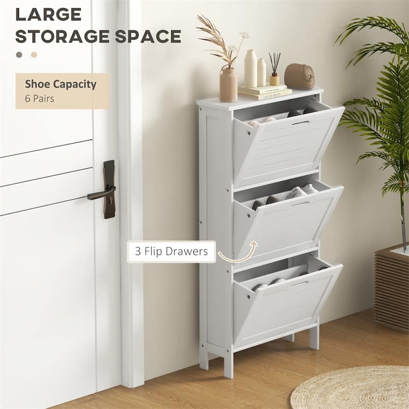 Narrow Shoe Storage Cabinet with 3 Flip Drawers and Louvered Doors - N/A