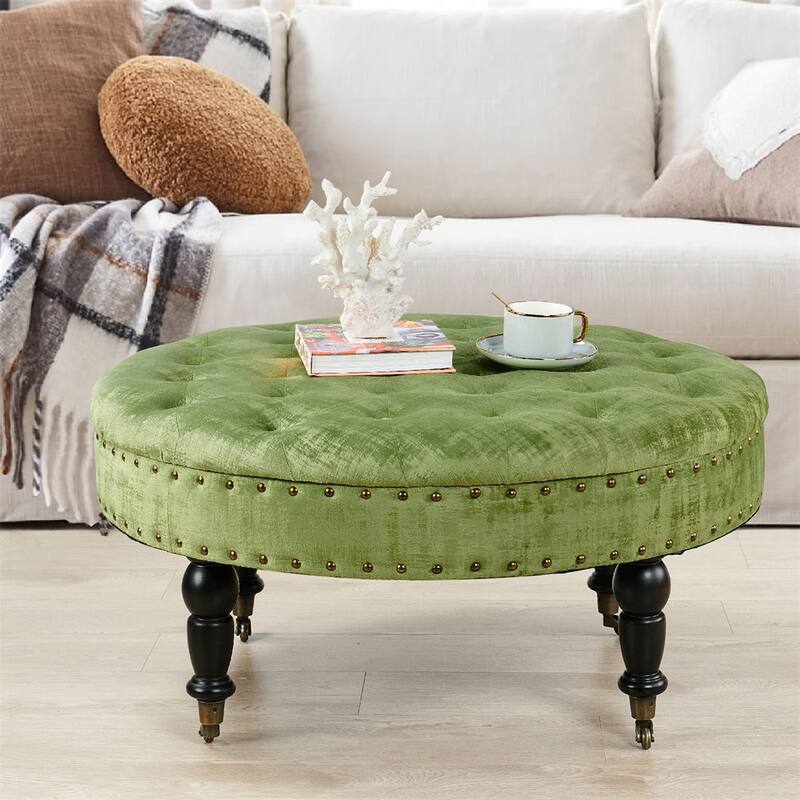 Round Velvet Tufted Coffee Table Ottoman, 34" x 34" x 17" H