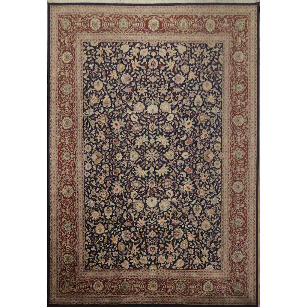 Hand Knotted Oriental 100% Wool Carpet Traditional All-Over Navy Blue & Blues Tabriz Area Rug - 14' 1'' X 9' 9''