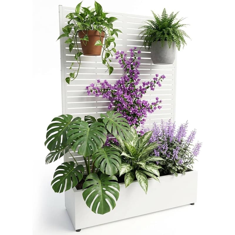 72"*47"*16" Galvanized Raised Garden Bed with Trellis, Planter Box with Privacy Screen, Wheels - White