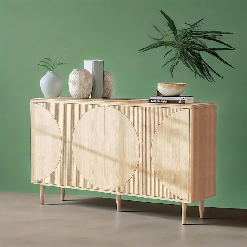 Modern Walnut Buffet Cabinet with Semicircle Doors and 4 Tier Storage for Living or Dining Room - 59.44" x 14.17" x 33.85"