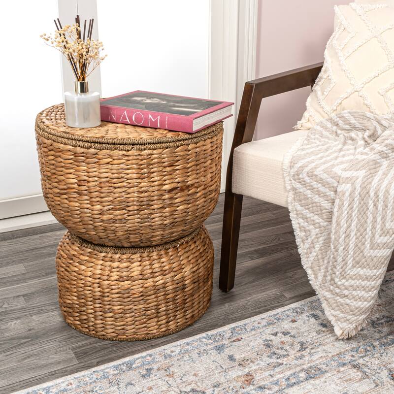 happimess Bhola 18" Hourglass Handwoven Hyacinth Storage Accent Table with Lid