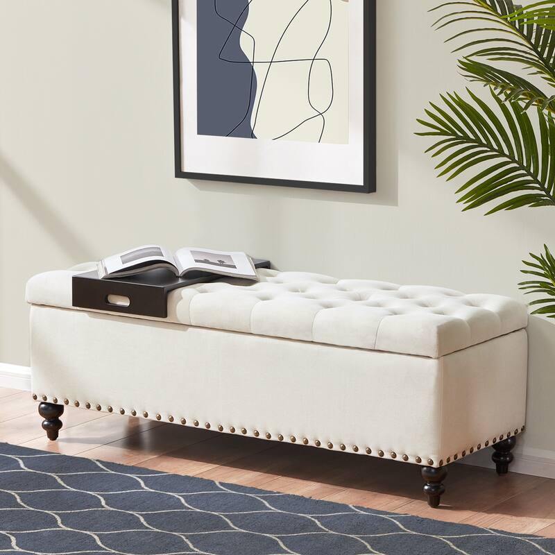 50-inch Button-Tufted Storage Bench Ottoman with Removable Tray for Living Room Bottom rivets design