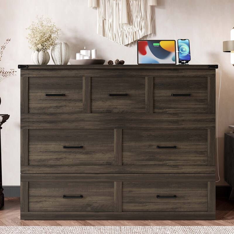 Full Size Foldable Cabinet Bed with Charging Station and Storage Drawer, Rustic Gray