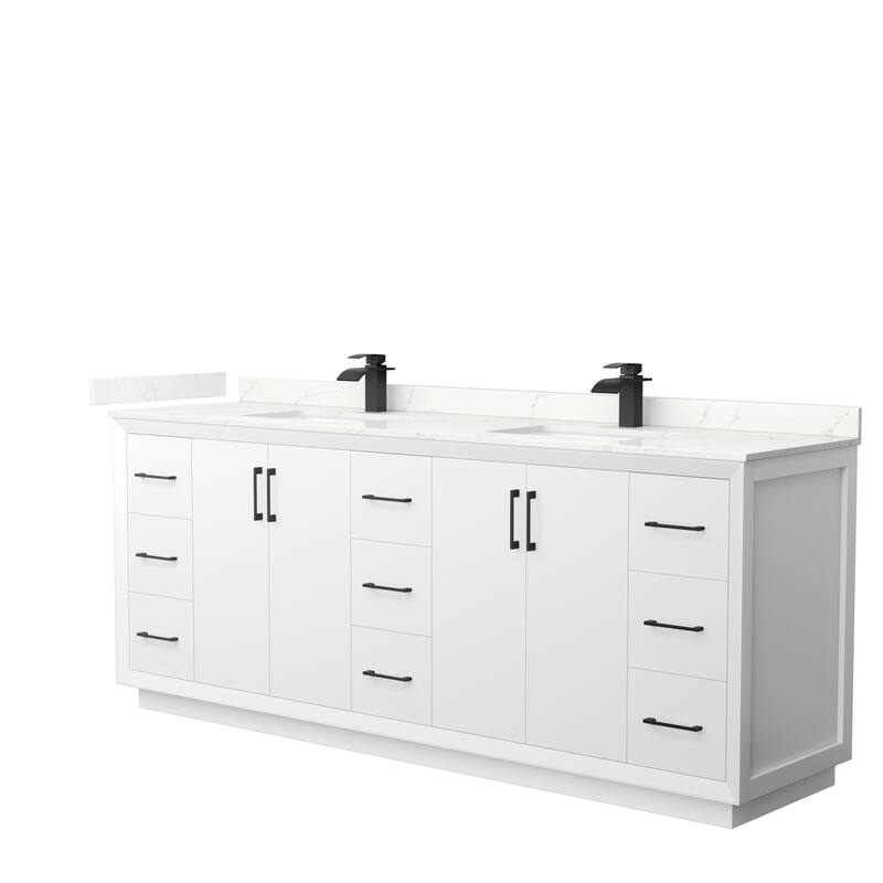 Strada 84-inch Double Vanity, Quartz Top - White, Black Trim, Giotto Quartz Top